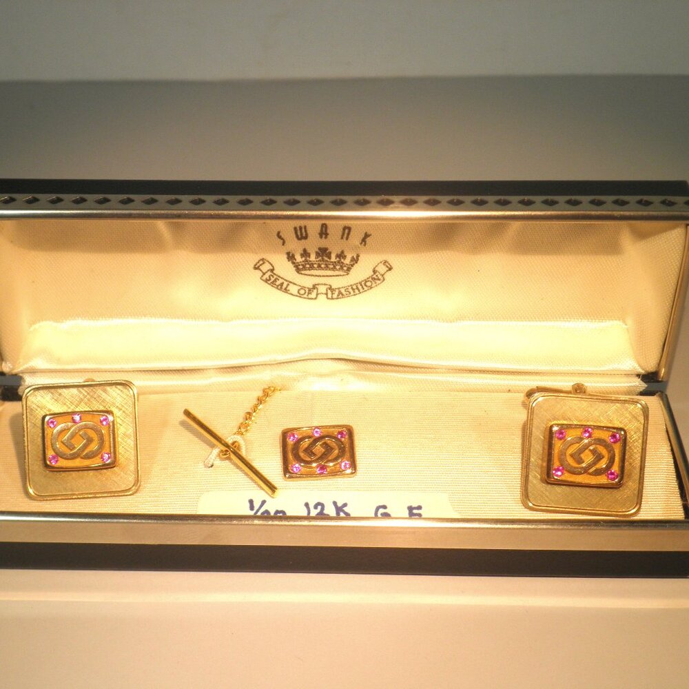 Vintage SWANK Cuff Links Tie Tack Set Gold-Tone Rhinestones